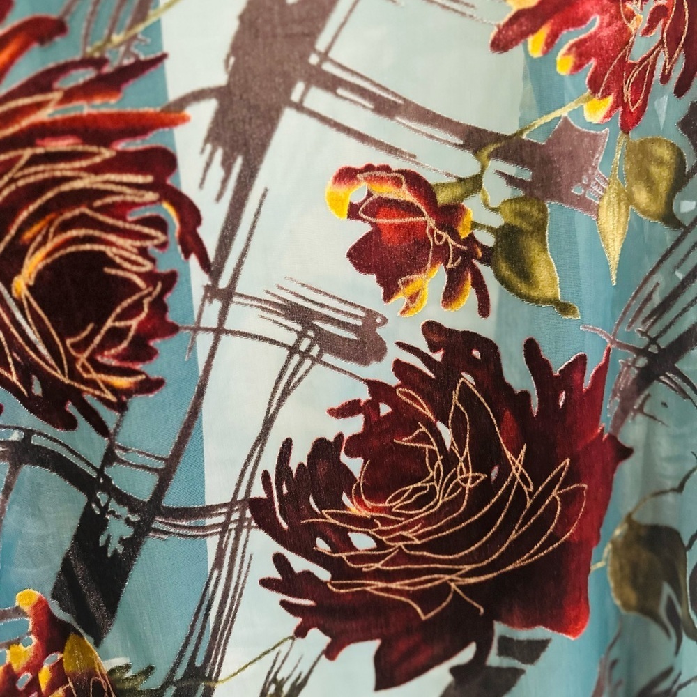 Coldwater Creek Burgundy and Green/Blue Kimono With Black Velvet Trim - Picture 5 of 7